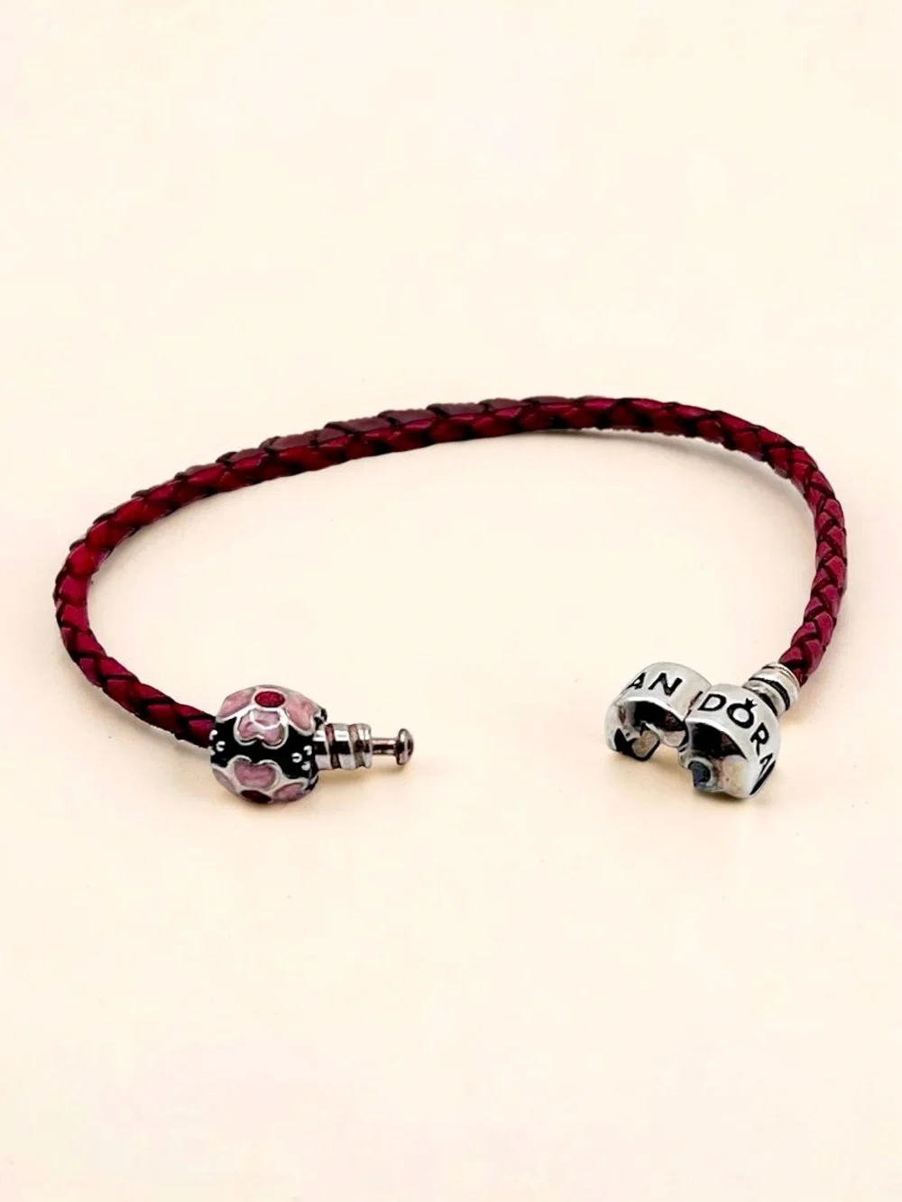Pandora Moments Dark Pink Burgundy Braided Leather Bracelet w/Flower Bead